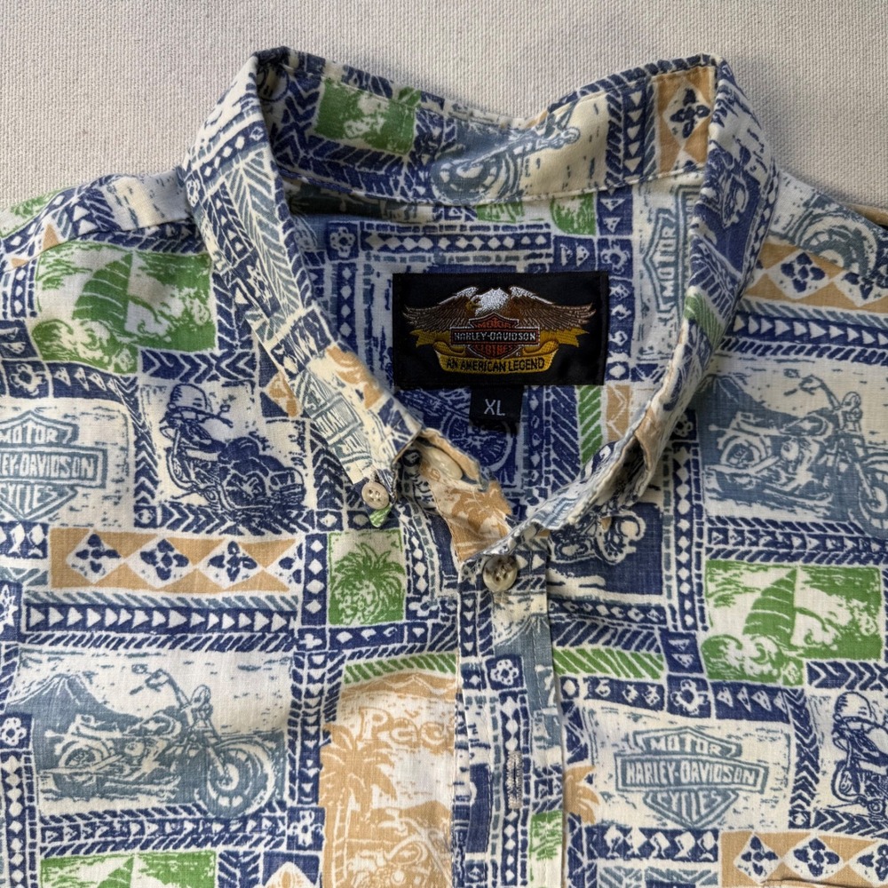 Harley-Davidson Mens XL Tropical Motorcycle Block Print Short Sleeve Button Down